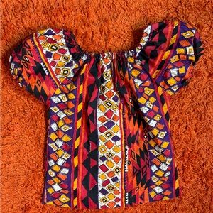 1970s Vintage African Print Off the Shoulder Peasant Style Top